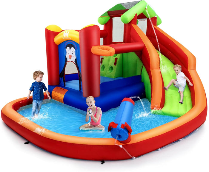 Castello Gonfiabile per Bambini, Con Scivolo, Trampolino, Piscina e Canestro da Basket, per 3 Bambini di 3-10 Anni, Con Borsa di Trasporto e Kit di Riparazione, 370 x 300 x 190 cm (Modello 1)