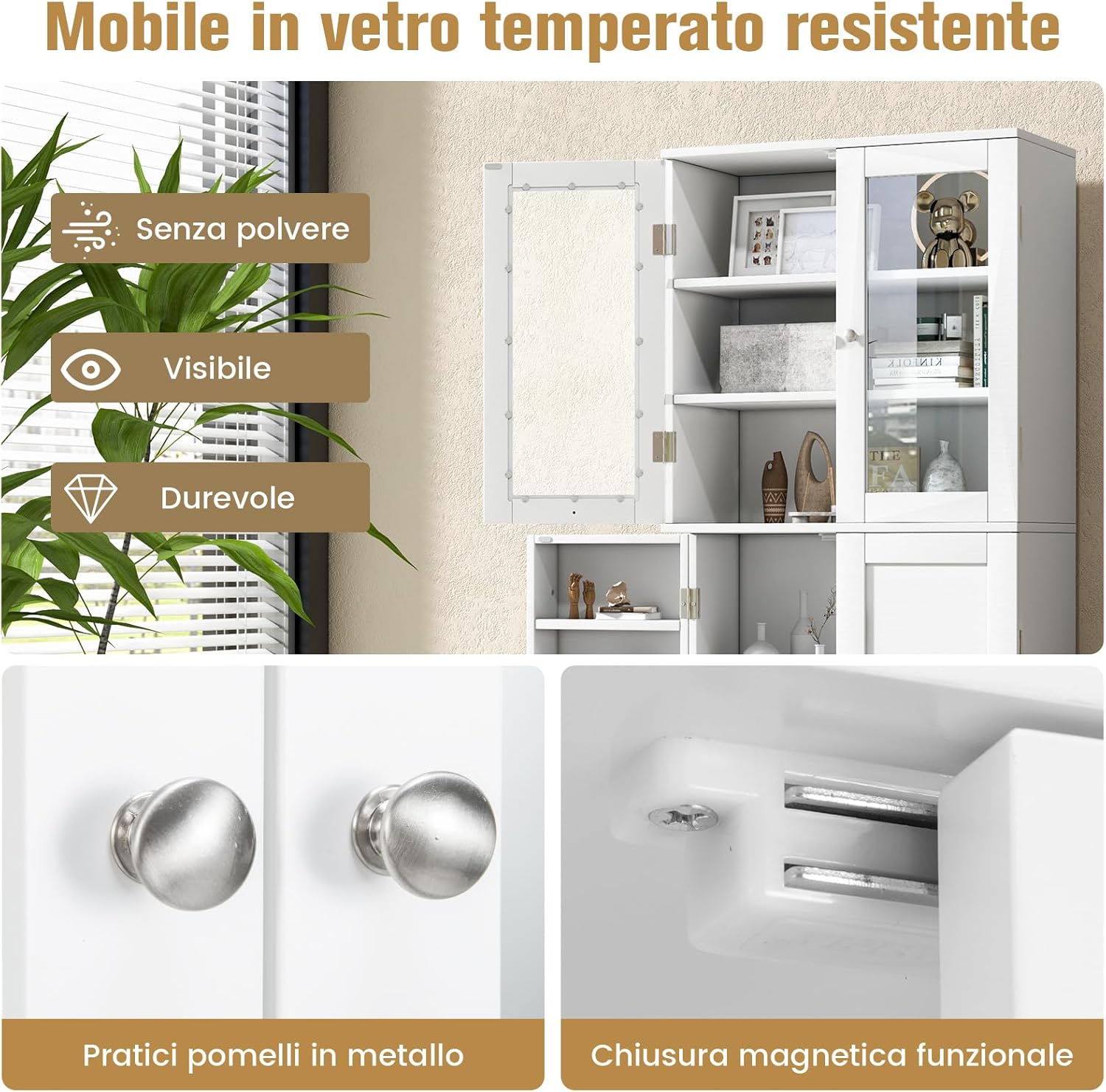 Credenza da Cucina, Dispensa da Cucina con Doppia Porta in Vetro Temperato, Design Antiribaltamento, Ideale per Soggiorno Sala da Pranzo e Cucina, 60x31,5x161,5 cm (Bianco)