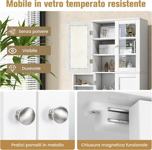 Credenza da Cucina, Dispensa da Cucina con Doppia Porta in Vetro Temperato, Design Antiribaltamento, Ideale per Soggiorno Sala da Pranzo e Cucina, 60x31,5x161,5 cm (Bianco)