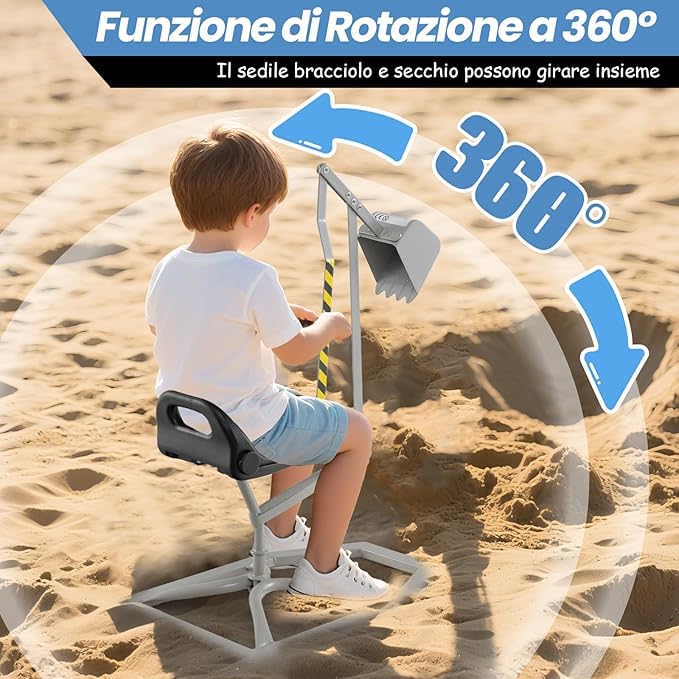 Escavatore per Bambini, Scavatore di Sabbia da Spiaggia con Controlli a 2 Mani e Pala Flessibile, Sedile Girevole a 360°, Escavatore da Costruzione per Esterni, 3 Anni+ (con Base Grigio)