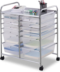 Carrello con 12 Cassetti con Ruote, Carrello di Stoccaggio Multiuso con Ampio Spazio di Archiviazione, Ideale per Casa Ufficio Domestico, 73,5 x 37 x 63 cm (Trasparente)