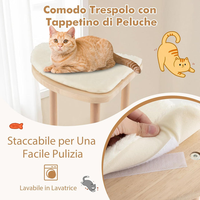 Tiragraffi per Gatti Piccola/Media, Albero per Gatti in Legno a Multilivello con Tavola e Palo Tiragraffi in Sisal, Posto Imbottito, Piattaforma e Palline