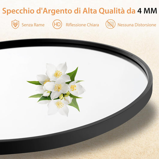 Specchio Rotondo 61 cm, Specchio da Parete con Cornice in Metallo Spazzolato Opaco Antiruggine, Specchio Moderno per Bagno Soggiorno Ingresso