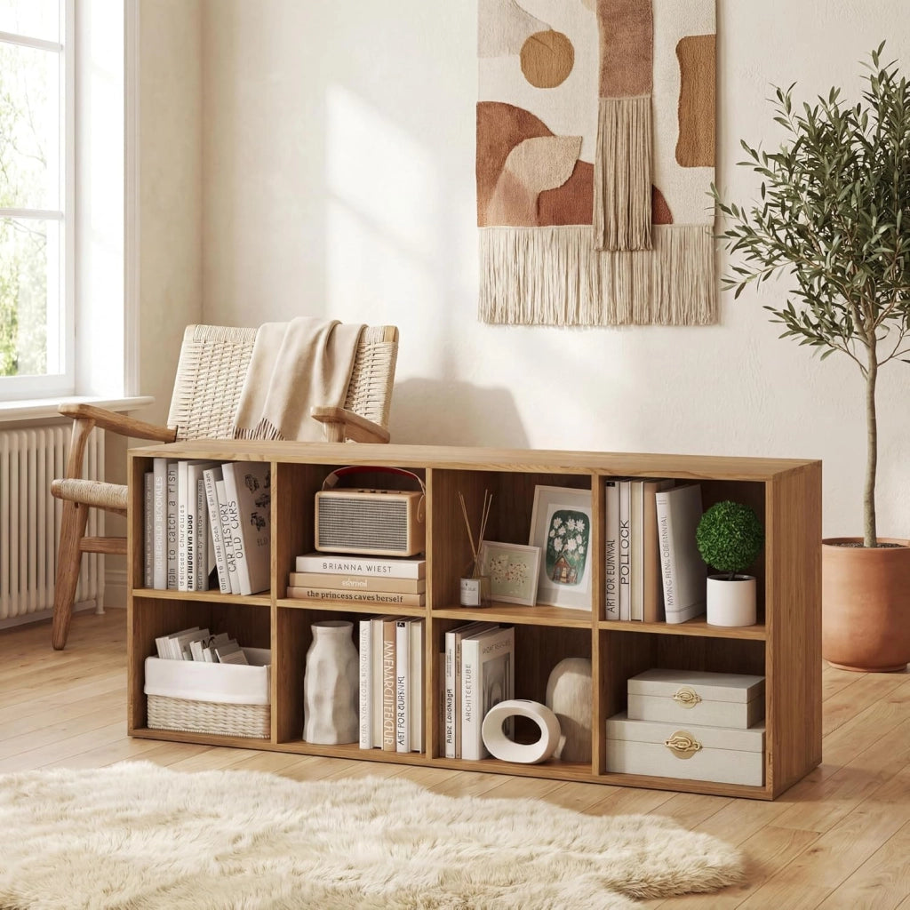 Libreria Basso a 8 Scomparti Aperti, 121,5 X 29 X 61 CM, Scaffale Libreria in legno con Dispositivi Antiribaltamento, Carico 180 KG, Espositore Salvaspazio per Soggiorno, Ufficio