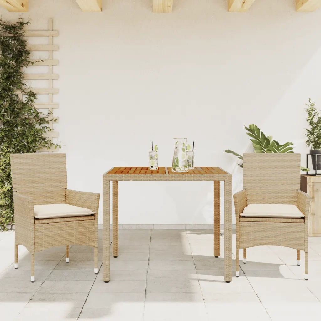 Set Pranzo da Giardino 3 pz | Set Salotto da Giardino con Cuscini Beige Polyrattan Acacia