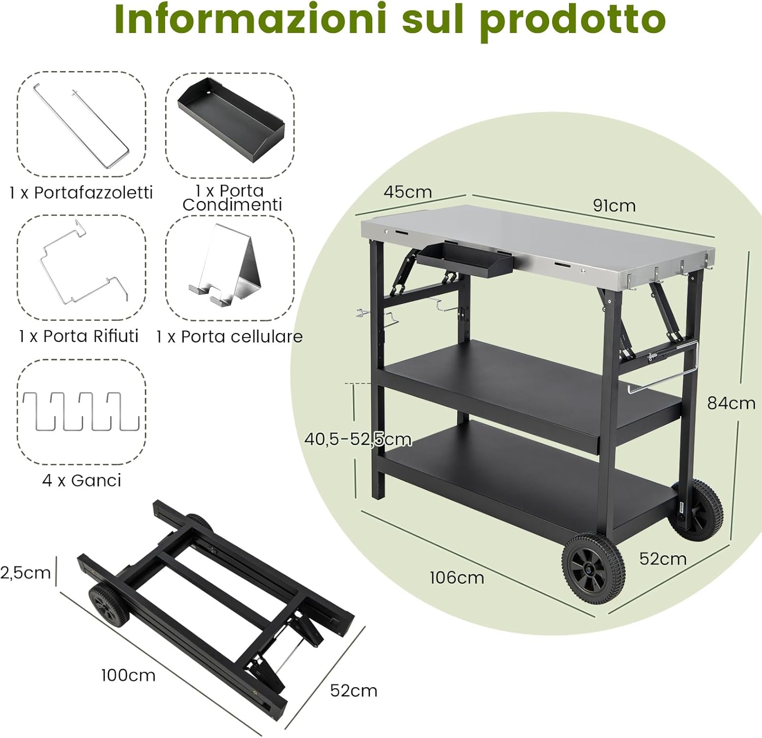 Carrello Barbecue da Esterno con 3 Ripiani, Carrello da Cucina Esterno con Ripiano Regolabile, Carrello Multifunzionale per Esterno, Struttura in metallo