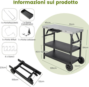 Carrello Barbecue da Esterno con 3 Ripiani, Carrello da Cucina Esterno con Ripiano Regolabile, Carrello Multifunzionale per Esterno, Struttura in metallo