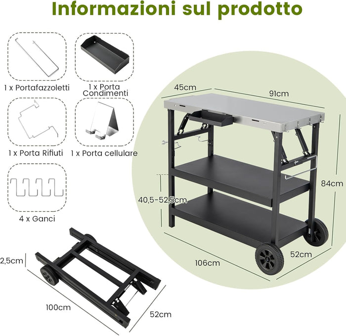 Carrello Barbecue da Esterno con 3 Ripiani, Carrello da Cucina Esterno con Ripiano Regolabile, Carrello Multifunzionale per Esterno, Struttura in metallo