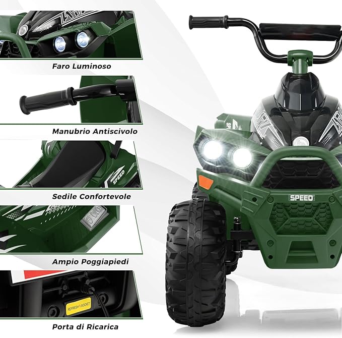 12V Quad Elettrico per Bambini, Macchina Elettrica con Velocità Alta/Bassa, Sedile Comodo Fari Corno e Musica, Auto Elettrica Cavalcabile 2,2/4,3 km/h (Verde)