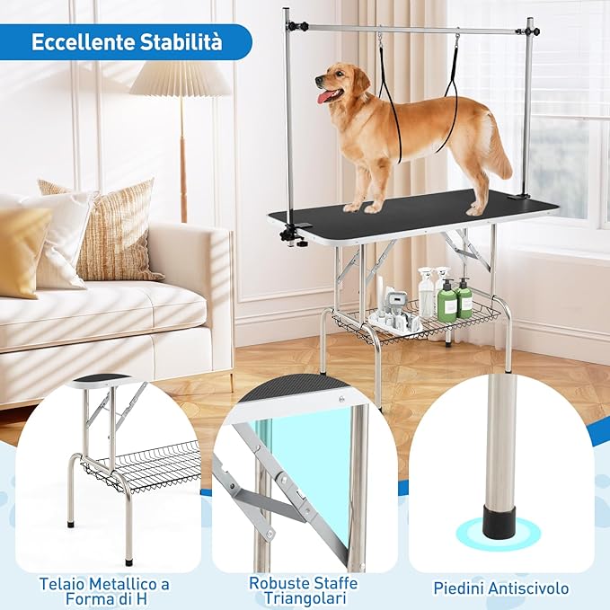 Tavolo da Toelettatura per Cani, Accessori Pieghevole per Toilette con Bracci Regolabili in Altezza, Guinzagli e Morsetti a Vassoio a Rete, Portata 150 kg (125 x 61 x 162,5 cm)
