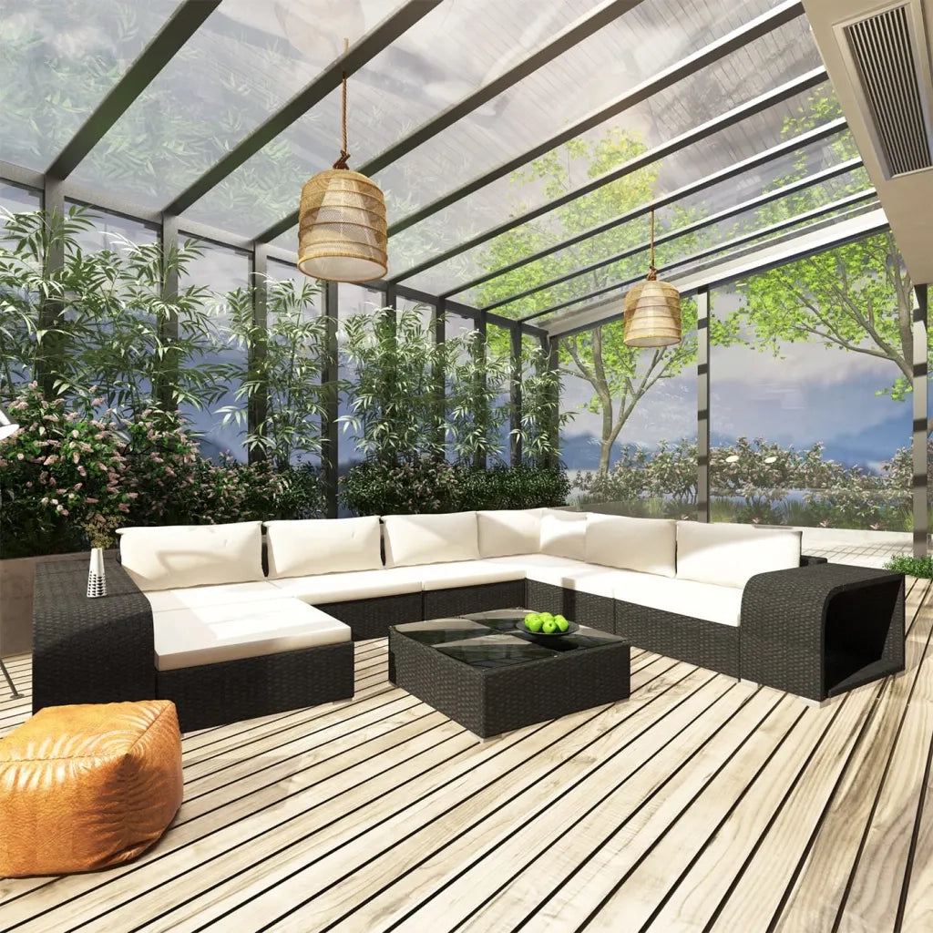 Set Divani da Giardino 10 pz con Cuscini in Polyrattan Nero 46815