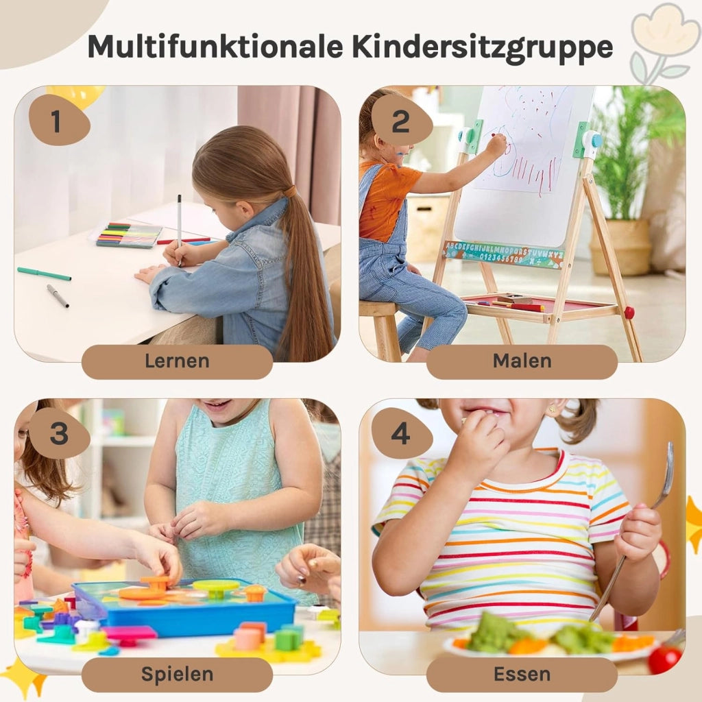 Set di Tavolo e Sedie per Bambini con Cavalletto, Tavolo con 2 Sedie per Bambini, Spazio di Archiviazione, Piano d'Appoggio Girevole, Bianco