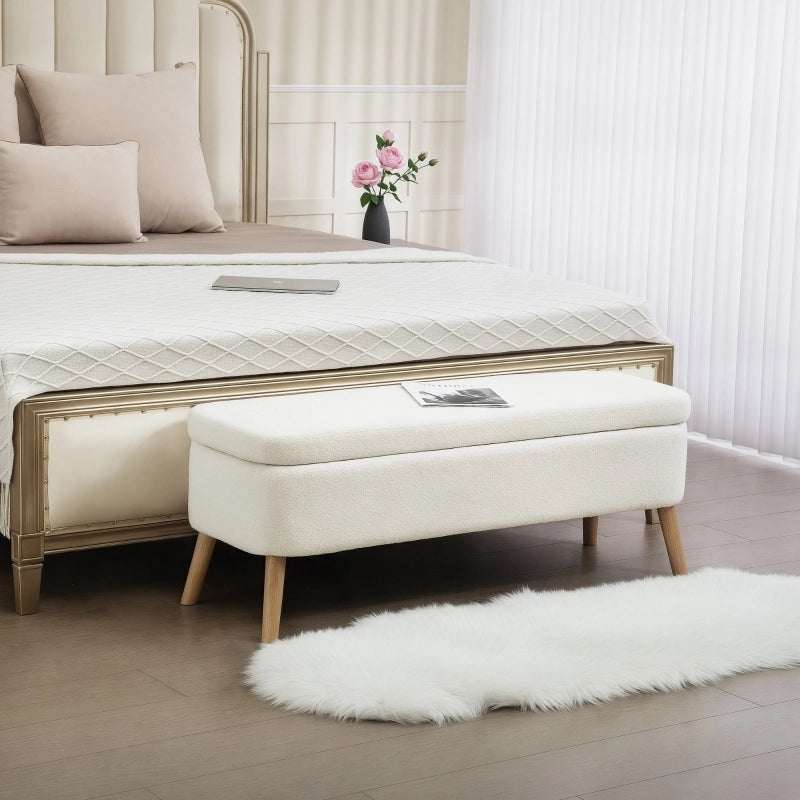 Panca contenitore con 65 l di spazio, seduta imbottita in pile e legno di caucciù bianco crema 120 × 42 × 45 cm