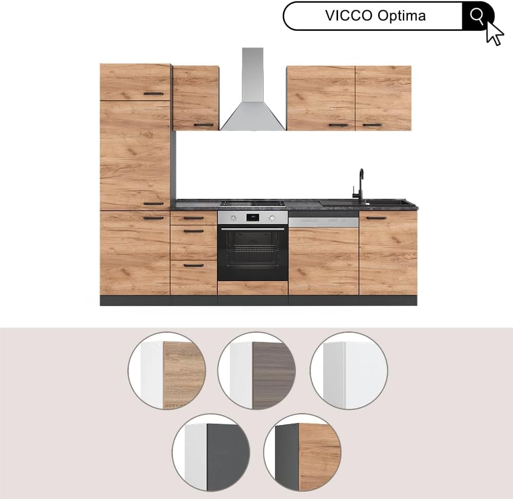 Mobile da cucina Optima, Quercia dorata/antracite, 270 cm Senza piano di lavoro, con colonna, adatto per disposizione e ampliamento personalizzati