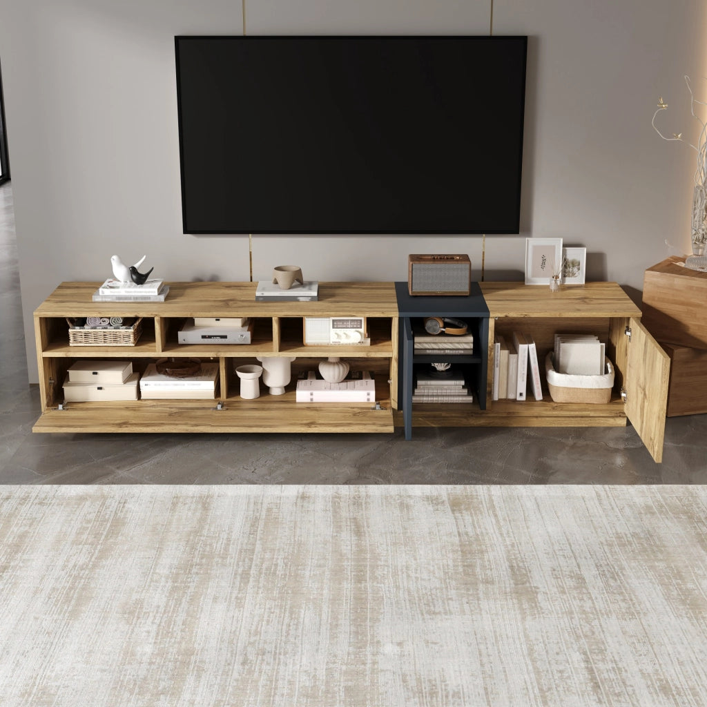 Mobile TV 200x45x45 cm con 3 vani aperti e 3 ante; pannello truciolare nero; grigio e naturale