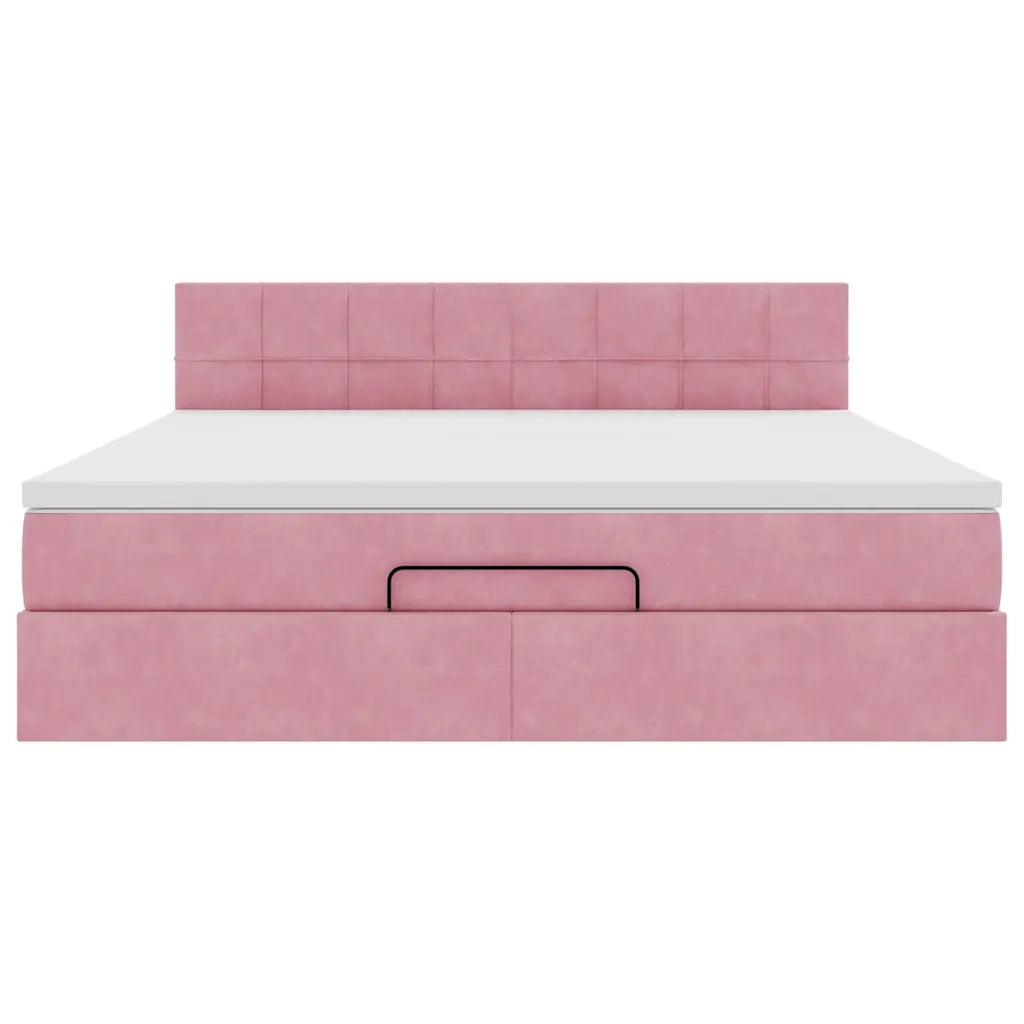 Struttura Letto Pouf con Materasso Rosa 160x200 cm in Velluto