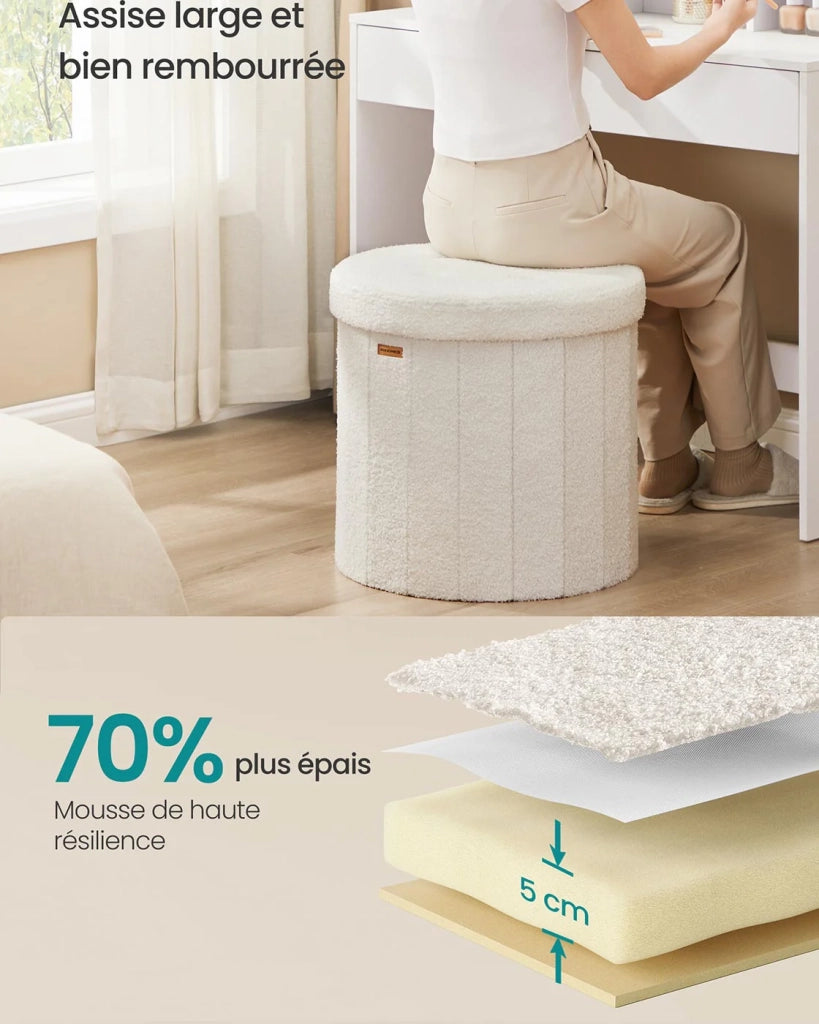 Sgabello/poggiapiedi rotondo con coperchio rimovibile 46 x 45 cm pieghevole facile da montare tessuto felpato per camera da letto soggiorno corridoio bianco crema 12_0006350