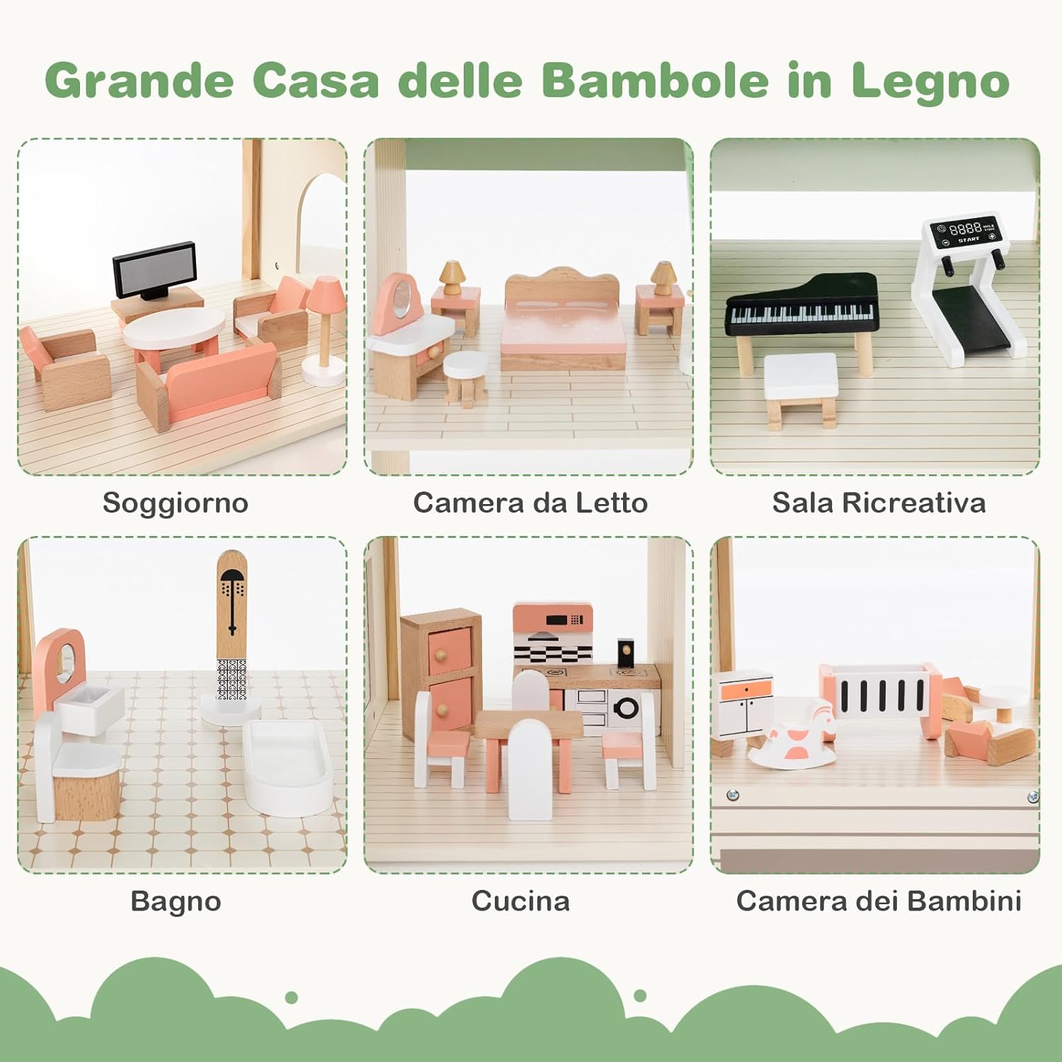 Casa delle Bambole ad Angolo in Legno, Casa delle Bambole a 3 Piani con 36 Mobili e Accessori, 6 Stanze, Balconi e Garage, per bambini 3 Anni+, 87 x 37 x 83 cm