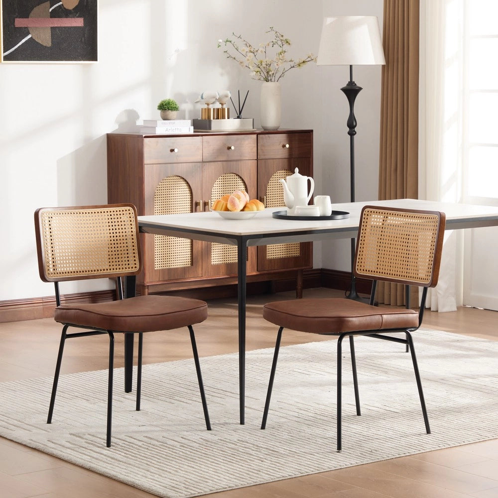 Sedia da Pranzo in Legno Massello e Rattan ¨C MINIMAL ¨C Set 2, Similpelle, Stile Retr¨°, Nero/Marrone