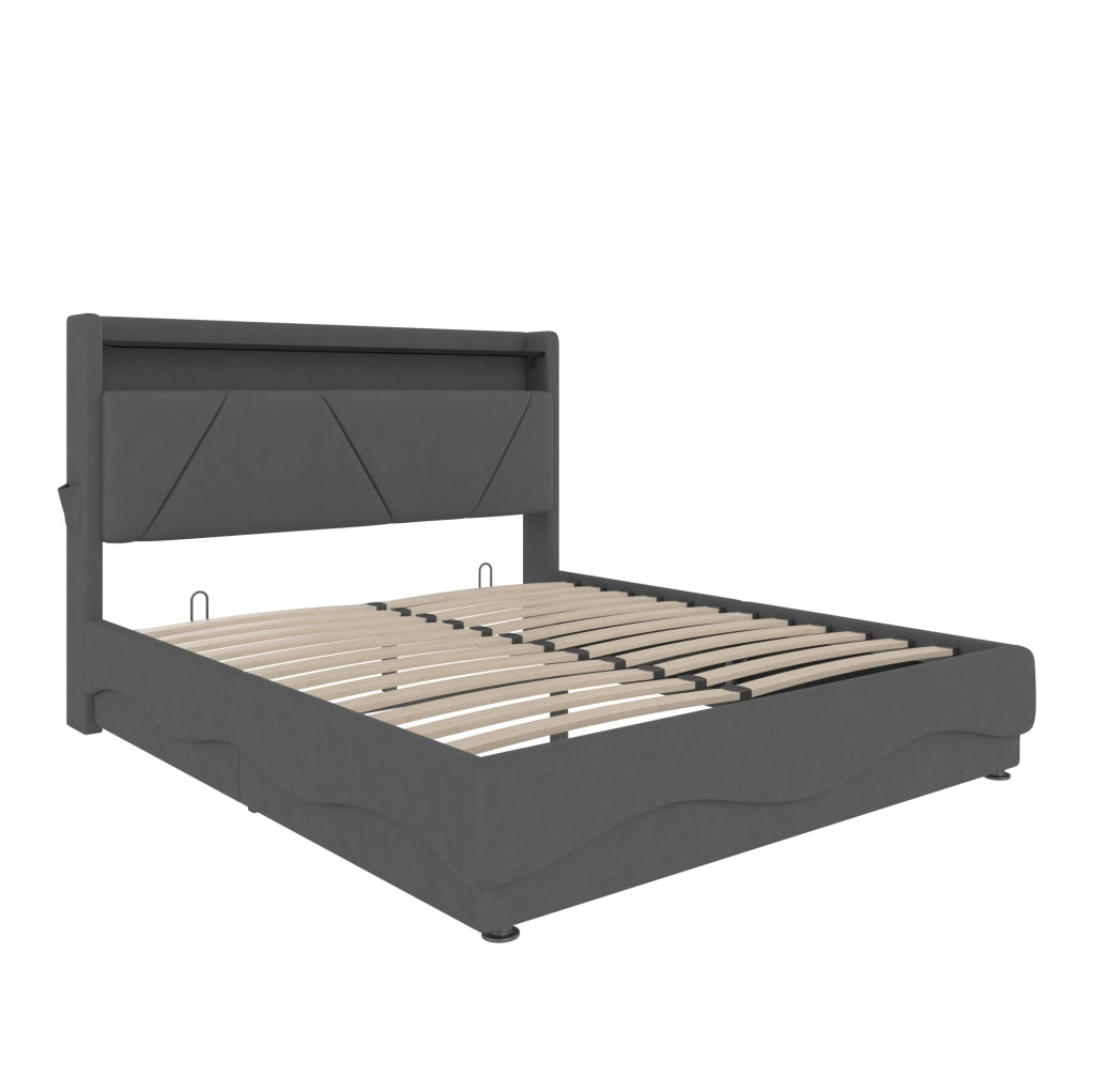 Letto imbottito 140x200 in velluto grigio scuro con LED e USB-C