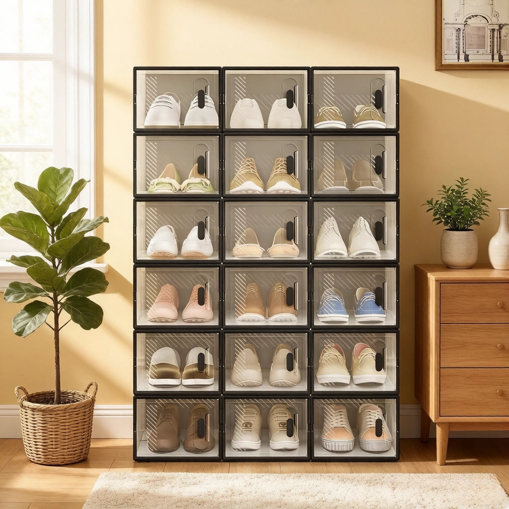 Scatole porta scarpe impilabili in plastica trasparente e nera con 18 box per scarpe per camera da letto e bagno