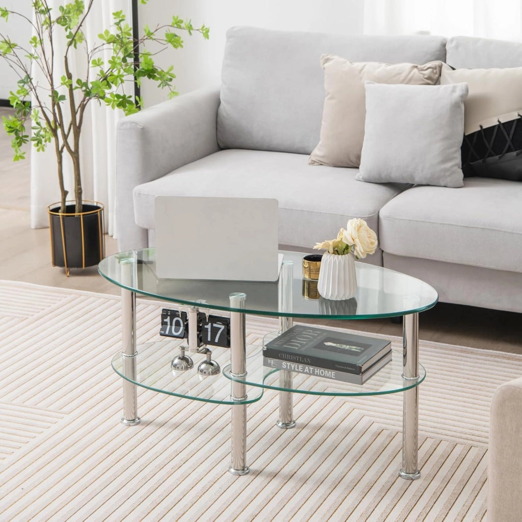 Tavolino da salotto in vetro temperato, tavolino ovale con 3 ripiani in vetro e gambe in acciaio inox con poggiapiedi, elegante tavolo da soggiorno per ufficio e casa, 89 × 49 × 45 cm