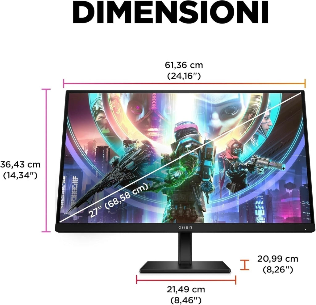 OMEN 27qs Monitor da 27 Pollici, Pannello IPS da 16:9 QHD da 240 Hz, 1 ms, Display HDR 400, Antiriflesso, 400 Nits, AMD FreeSync, NVIDIA G-SYNC, VESA 100x100 mm, HDMI 2.0, USB-A e B