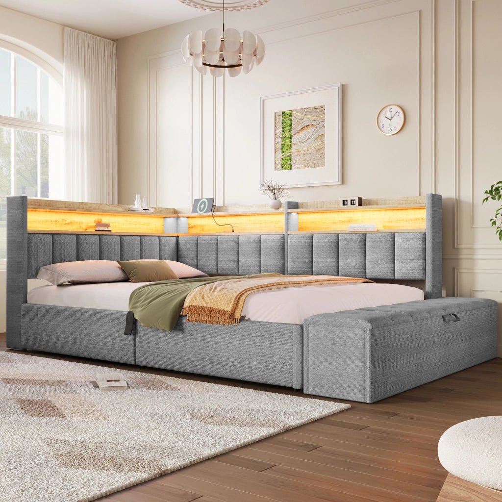 Letto contenitore 140x200 in velluto grigio con luce LED RGB e USB
