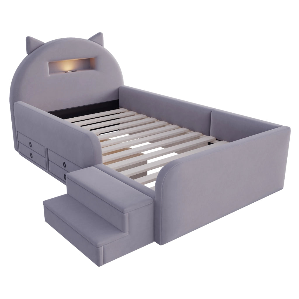Letto per Bambini 90x200 cm; Letto Singolo con Cassetti; USB e Lampada da Lettura - Grigio Scuro