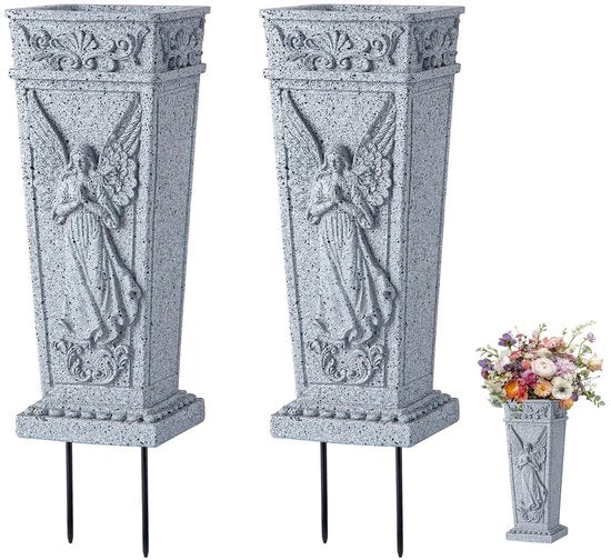 Vaso per cimitero con stelo, vaso per cera commemorativo, contenitore per fiori per lapide tombale, tomba, cimitero, giardino, prato, decorazioni per giardino (2 pezzi)