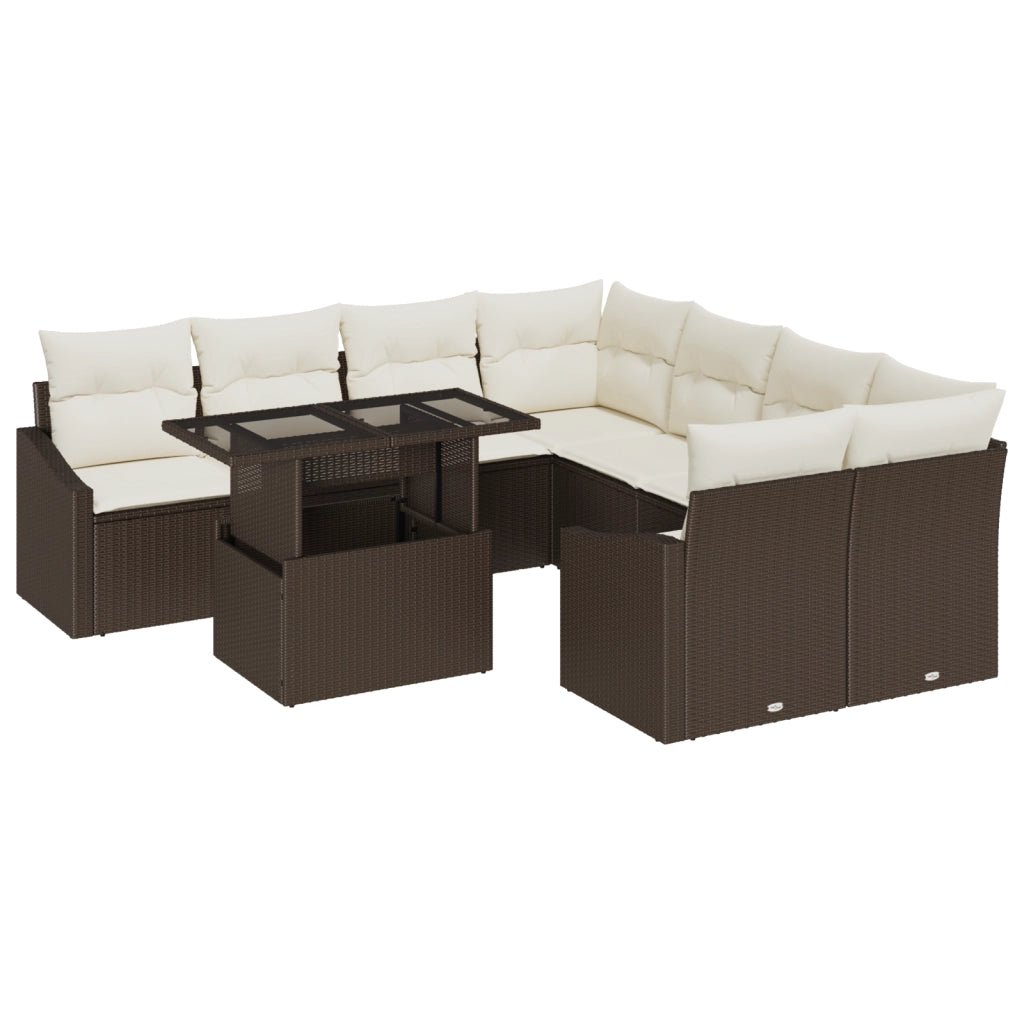 Set Divano da Giardino 9 Pezzi con Cuscini Marrone Polyrattan