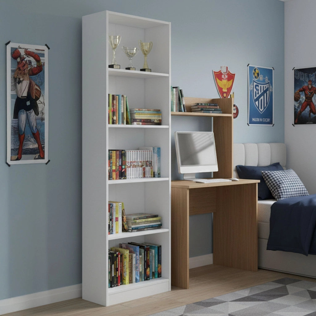 Libreria Artico, Mobile portalibri alta a 5 ripiani, Scaffale da ufficio o cameretta, Scaffale moderno con scomparti, cm 52x25h80, Bianco