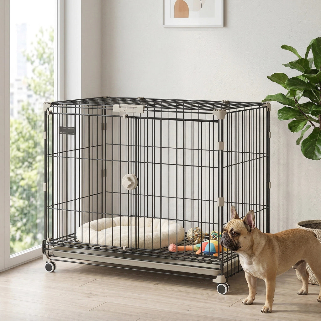 Cage per Cani con Vassoio Amovibile e Ruote ¨C zephmum ¨C Nero 75.5x46x64.5cm