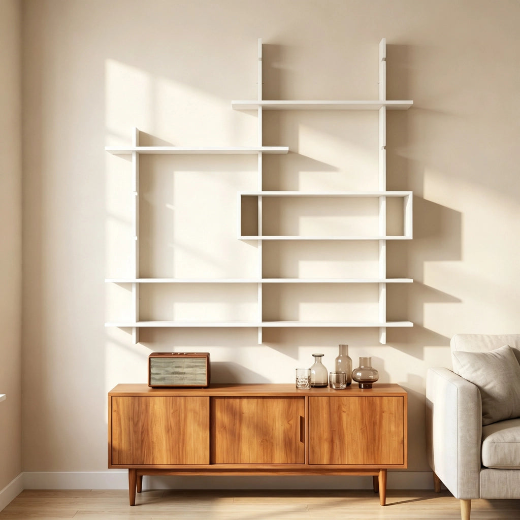 Libreria da Parete Geometrica con 4 Ripiani e Cella Centrale 136x20x140 cm Bianca