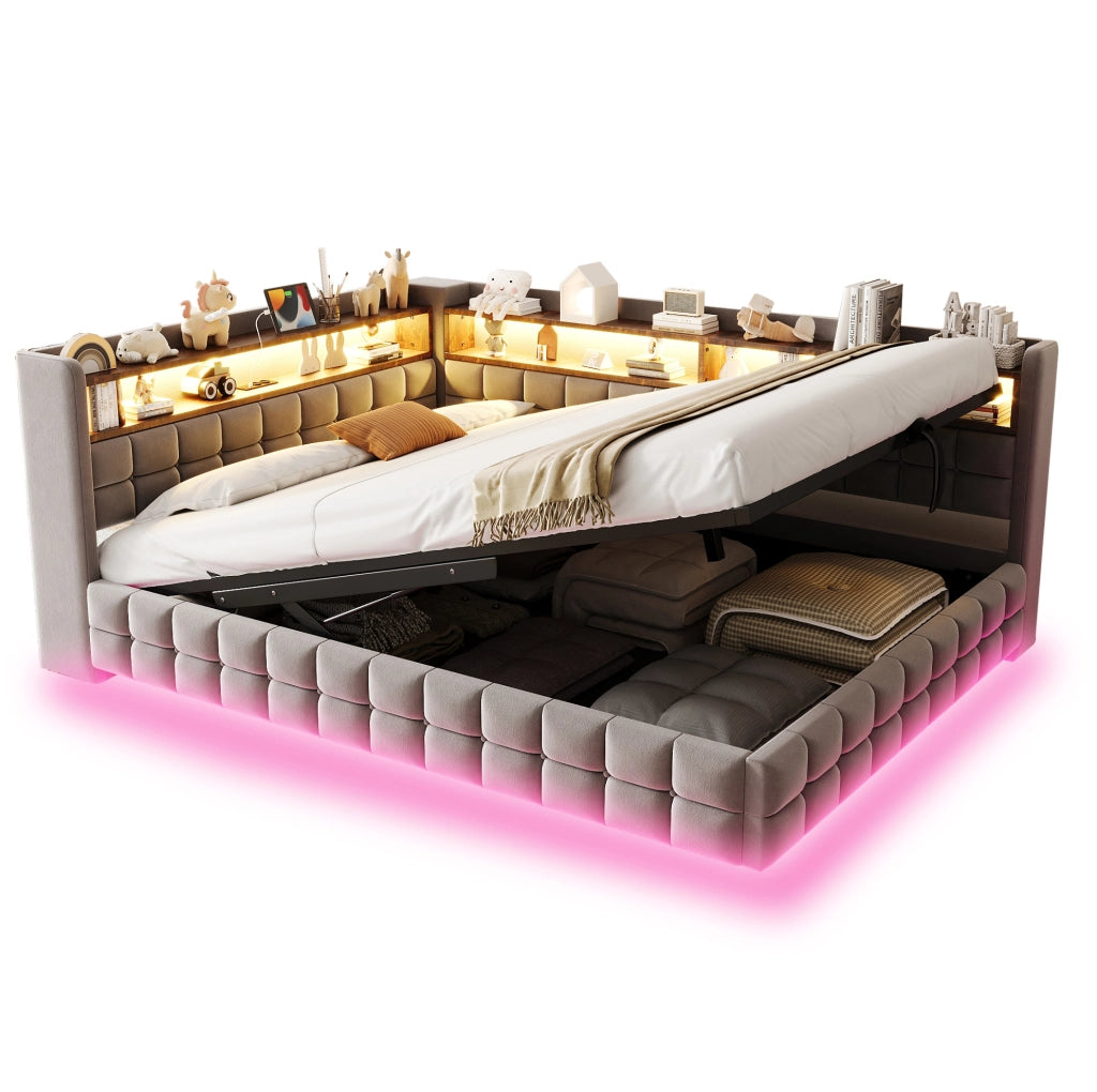 Divano letto imbottito 140×200 cm con vano contenitore; LED; prese USB/Type-C; velluto grigio chiaro