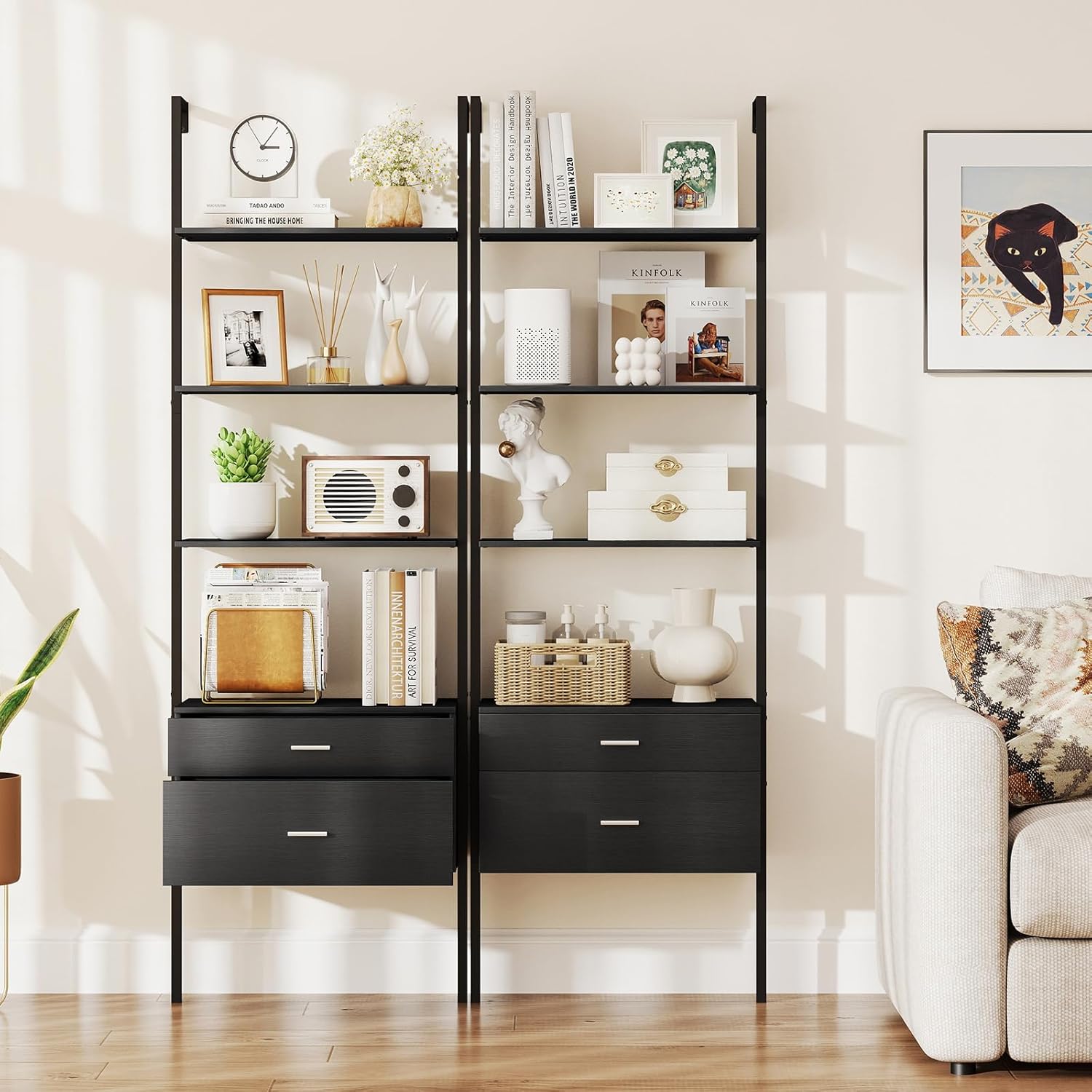 Libreria a Scala 184 cm, Scaffale da Parete a 6 Ripiani con 2 Cassetti e Struttura in Metallo, Ripiano Espositivo Aperto Moderno per Soggiorno Studio Ufficio, 60 x 30 x 184 cm (Nero)