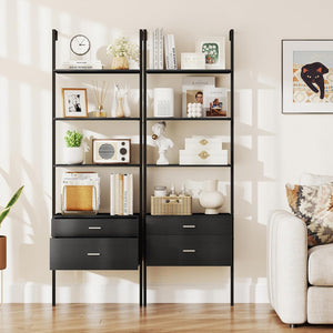 Libreria a Scala 184 cm, Scaffale da Parete a 6 Ripiani con 2 Cassetti e Struttura in Metallo, Ripiano Espositivo Aperto Moderno per Soggiorno Studio Ufficio, 60 x 30 x 184 cm (Nero)