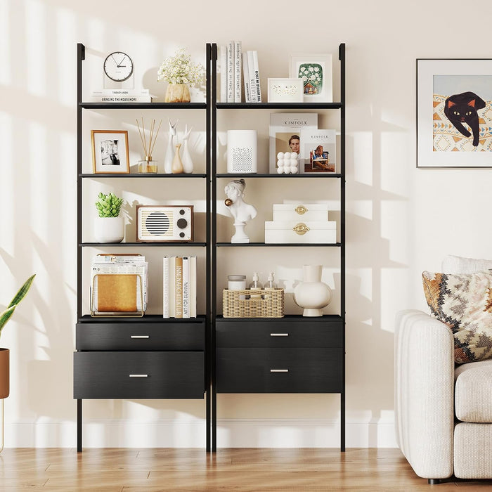 Libreria a Scala 184 cm, Scaffale da Parete a 6 Ripiani con 2 Cassetti e Struttura in Metallo, Ripiano Espositivo Aperto Moderno per Soggiorno Studio Ufficio, 60 x 30 x 184 cm (Nero)