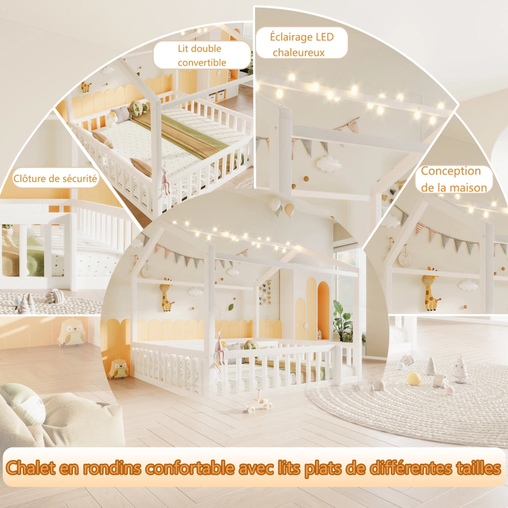 Letto a casetta per bambini convertibile 90x190 cm in pino e MDF; bianco