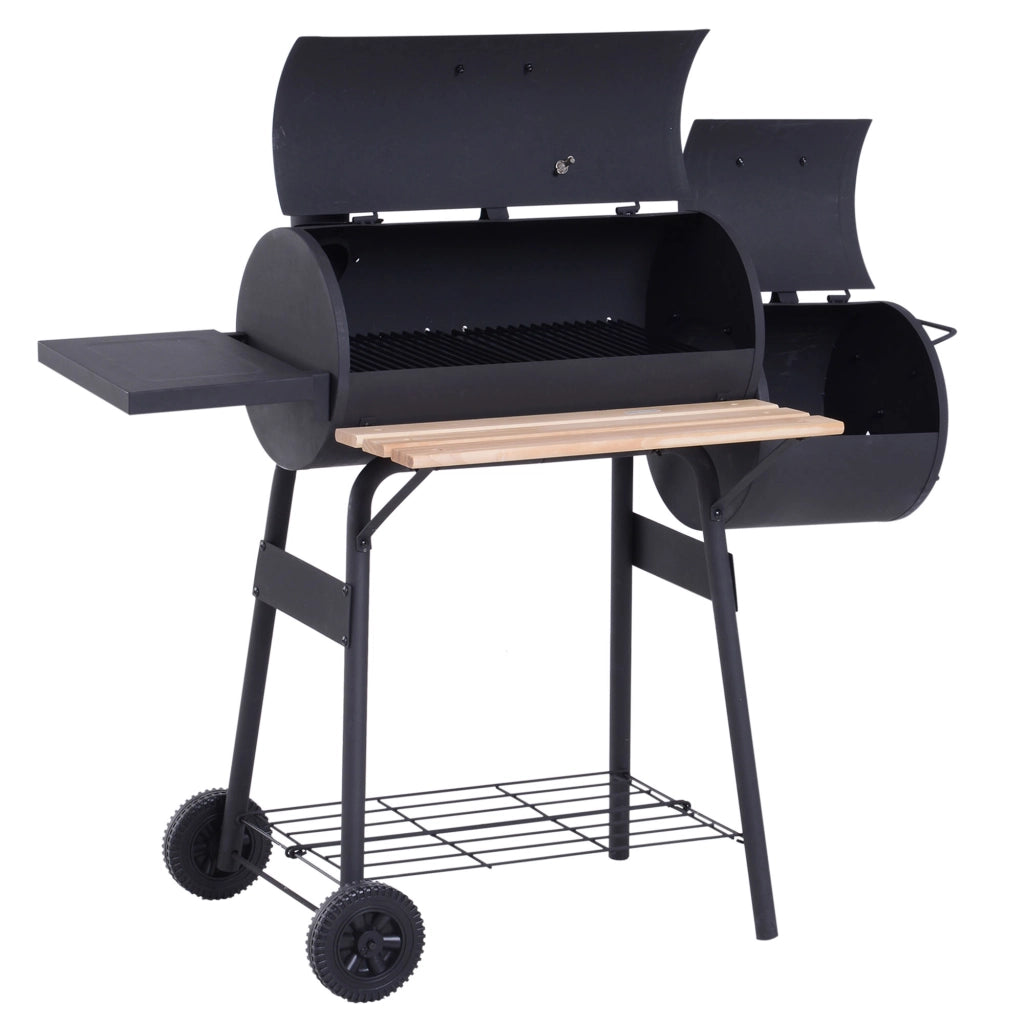 Barbecue a Carbone con Coperchio e Affumicatore Smoker, BBQ da Giardino con Ruote, Termometro e Ripiani, Nero
