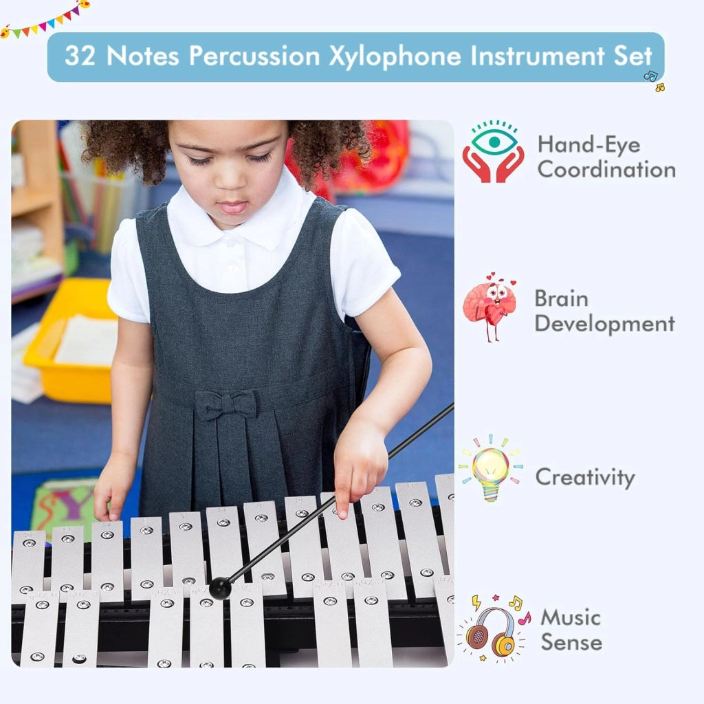 Set con supporto regolabile in altezza, 32 note xilofono con 1 paio di bacchette e bacchette per batteria e 1 tamburo per esercizi a 8 angoli, per bambini, adulti