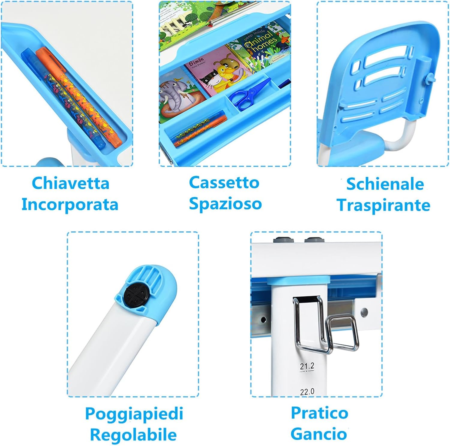 Scrivania per Bambini Tavolo per Studenti con Sedia Inclinabile Regolabile in Altezza, Ergonomica, Vari Colori Disponibili (Blu)