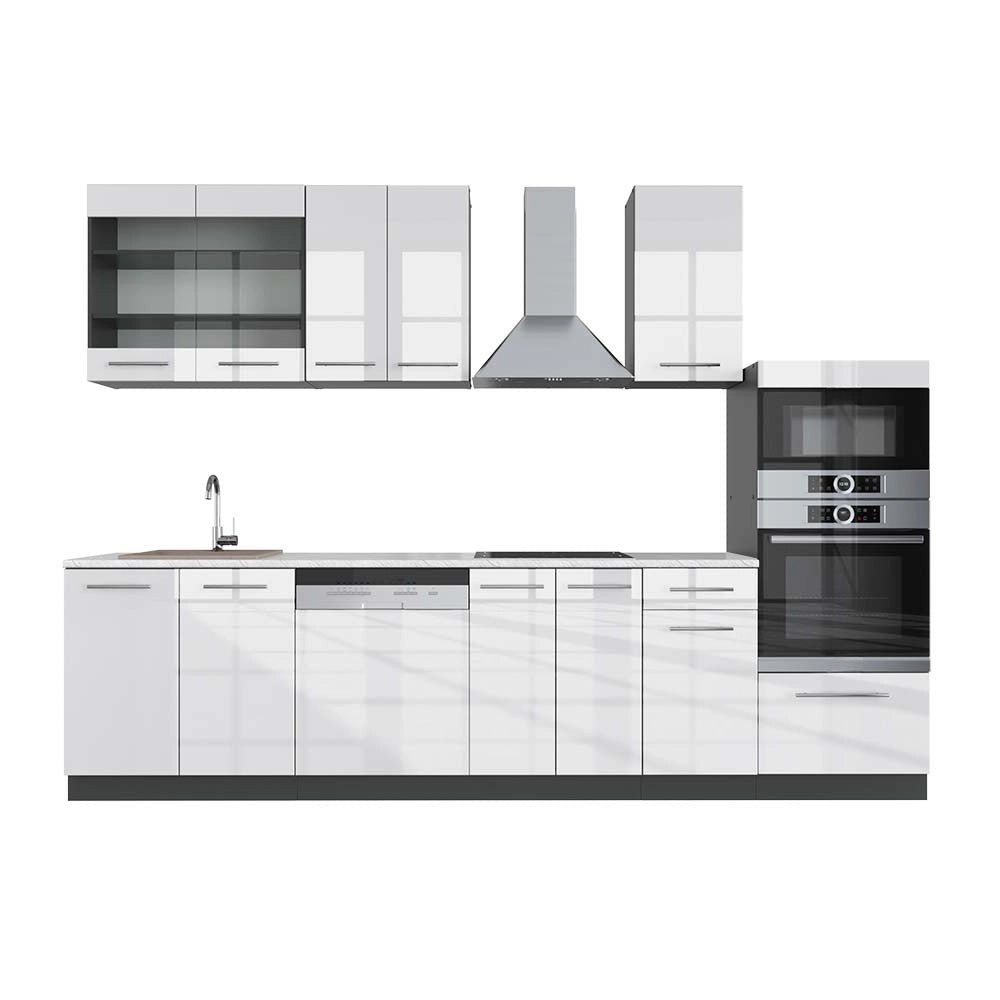 Cucina componibile Fame-Line Bianco lucido/Antracite 300 cm con armadio alto, PL Marmo Vicco