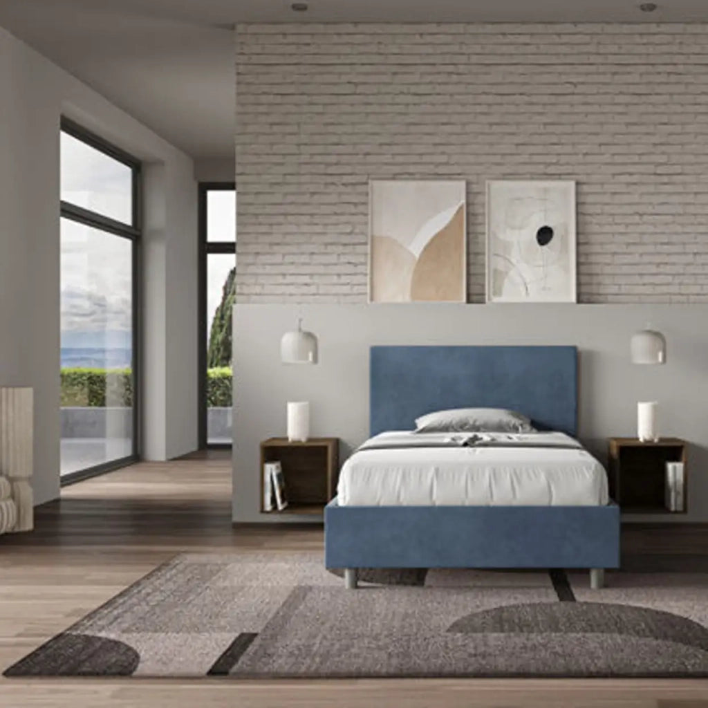 Letto una piazza e mezza con rete imbottito 120x190 microfibra blu Adele