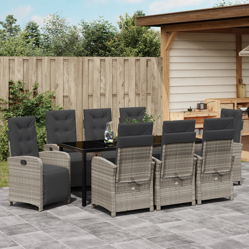 Set da Pranzo Giardino 9 Pezzi con Cuscini Grigio Chiaro Polyrattan