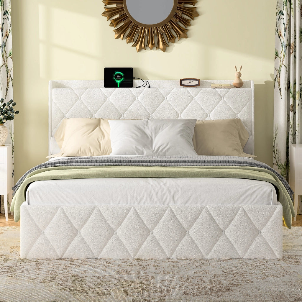 Letto imbottito 140 × 200 cm con USB, LED, 6 cassetti, ripiano testiera, senza materasso, bianco