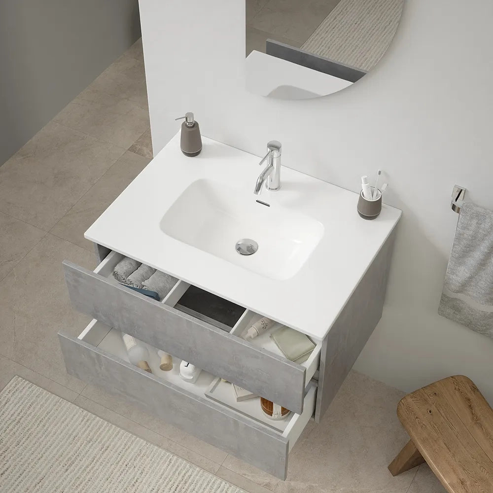 Mobile da bagno sospeso 90 cm effetto cemento chiaro con lavabo | Yili