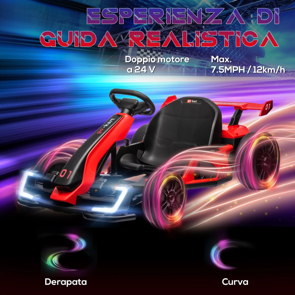 Go Kart Elettrico per Bambini 6-12 Anni 24V 12km/h con Seggiolino Regolabile. Rosso