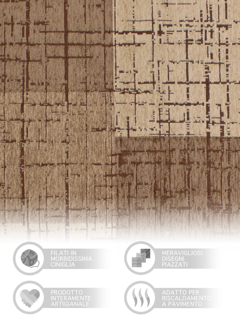 Tappeto Arredo Moderno Morbido in Ciniglia Ingresso Antiscivolo Prodotto Italiano  Soggiorno Camera Salotto Disegni Piazzati Cotone Varie Misure Grande Mondrian/Fango - 140x200 cm
