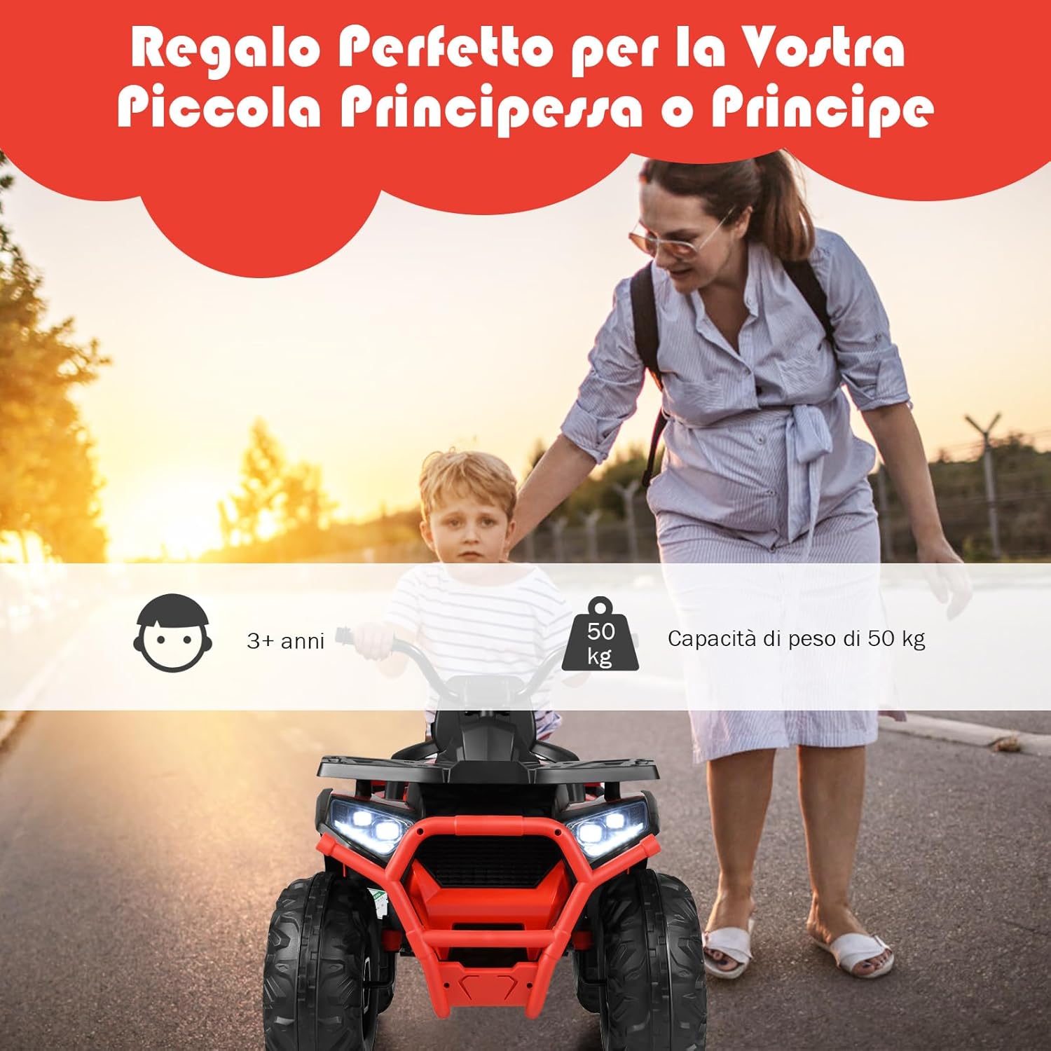 12 V Quad Elettrico per Bambini, Auto Elettrica Cavalcabile con Luci LED e Musica, Velocità fino a 8 km/h, per Bambini 3+ anni (Rosso)